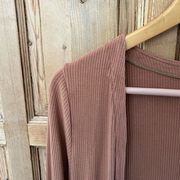 Senita Small‎ Tan Brown Cardigan Duster Ribbed Sweater Pockets Open Front - Picture 3 of 11